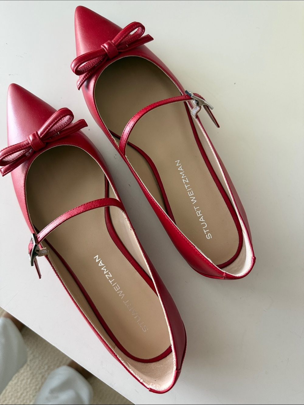 Stuart Weitzman Red Pointed-Toe Mary Jane Bow Flats